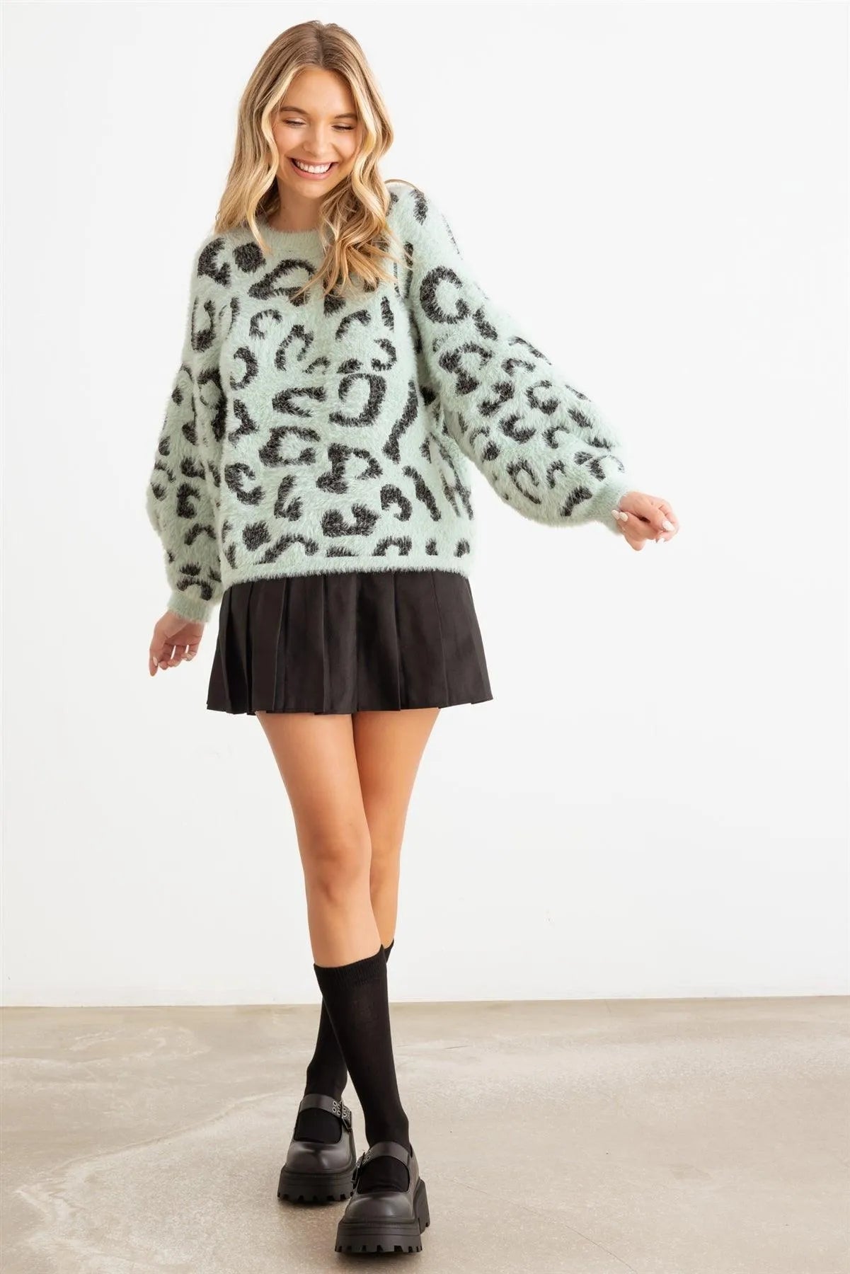 Animal Print Fuzzy Knit Long Sleeve Sweater