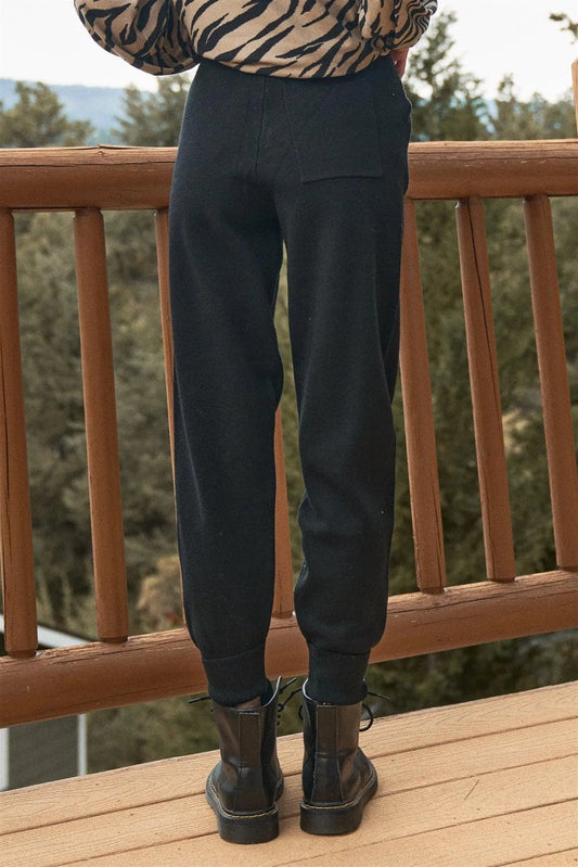 Black High Waist Self-Tie String Lapel Bottom Hem Detail Jogger Pants /3-2-1