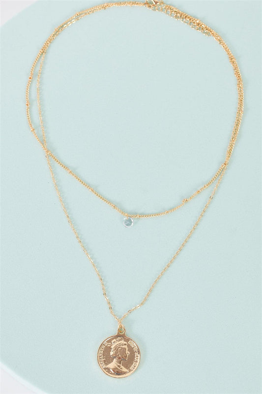 "Dos Pesos" Gold Double Chain Coin Pendant Tiny Crystal Necklace