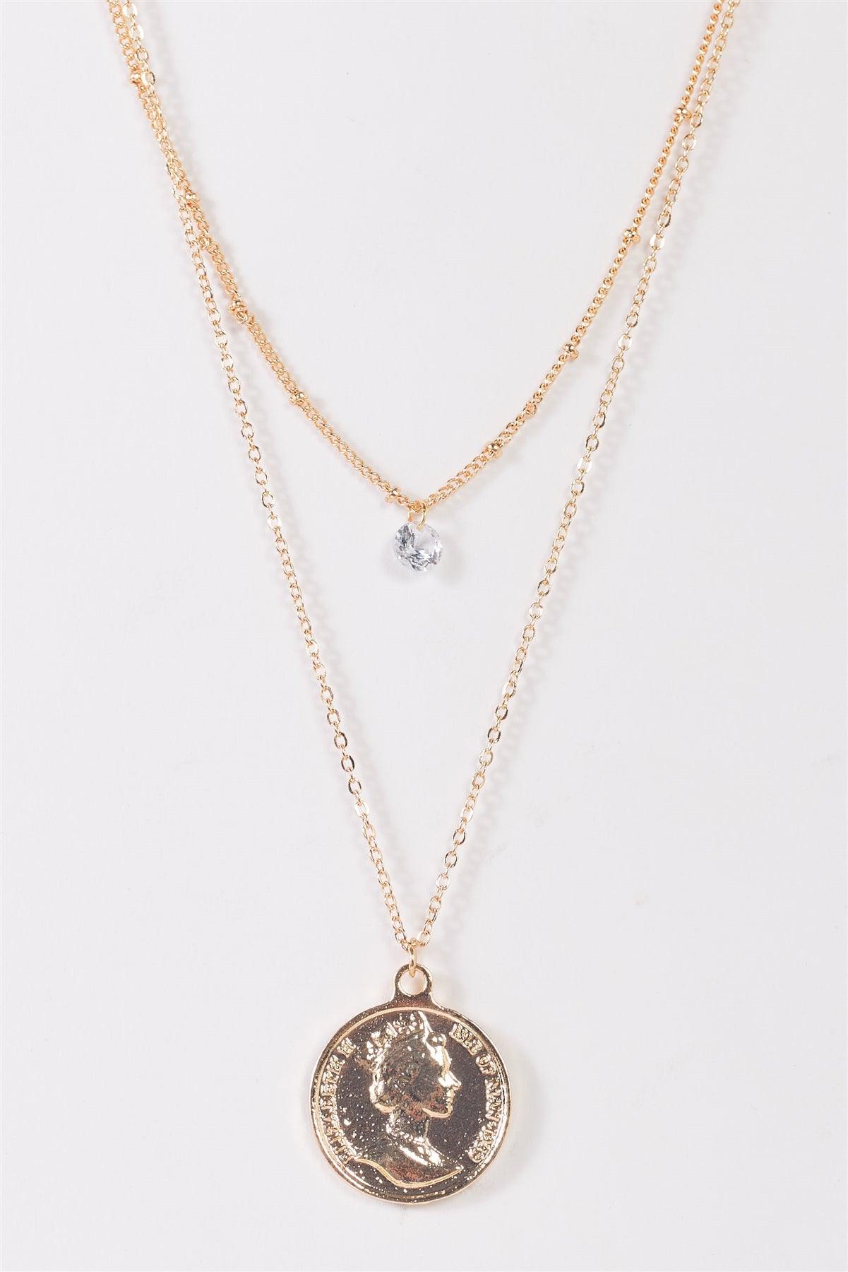 "Dos Pesos" Gold Double Chain Coin Pendant Tiny Crystal Necklace