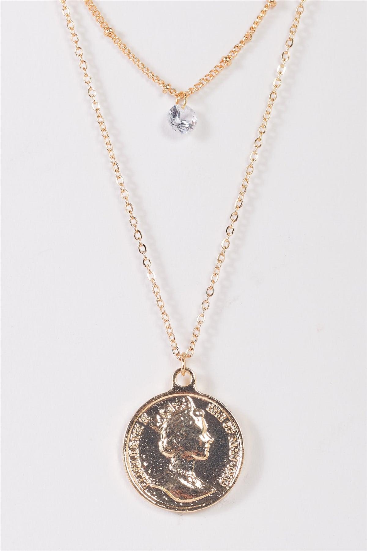"Dos Pesos" Gold Double Chain Coin Pendant Tiny Crystal Necklace