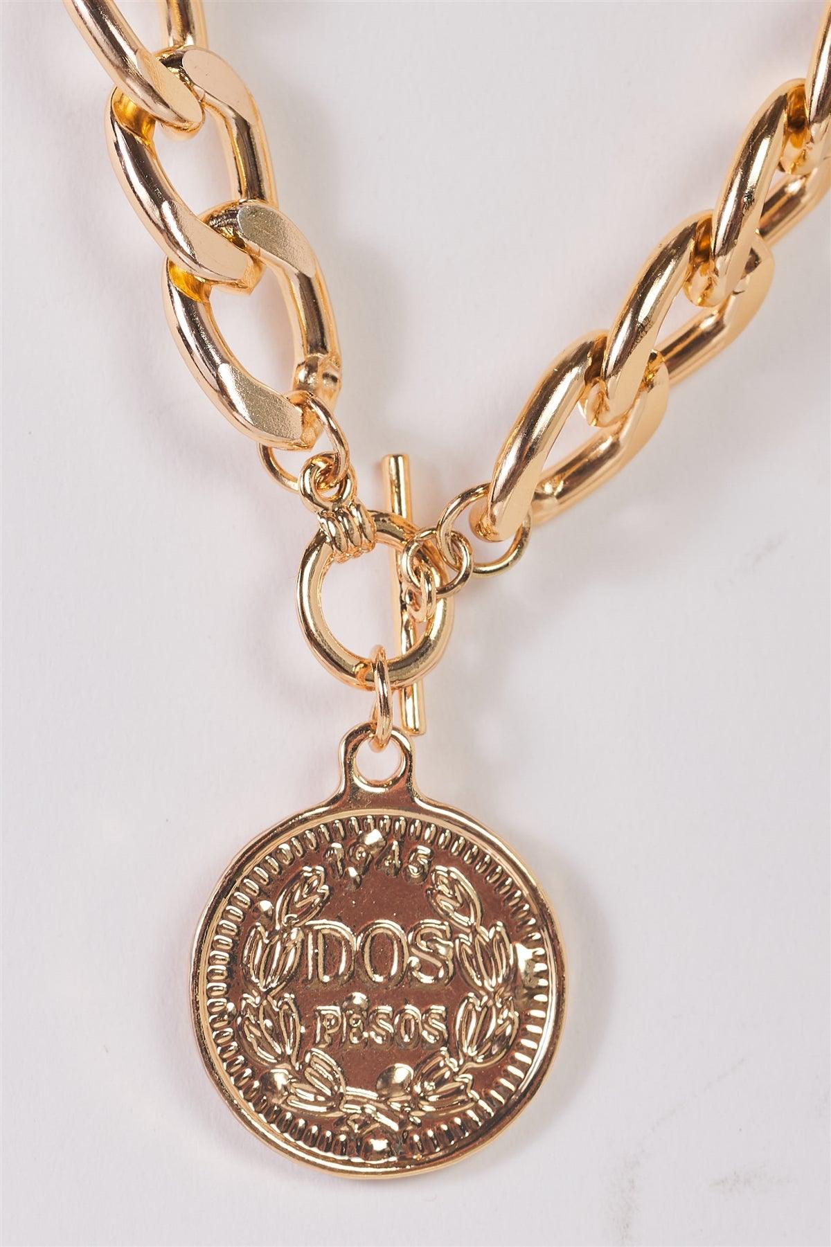 "Dos Pesos" Gold Chunky Link Chain Coin Pendant Necklace