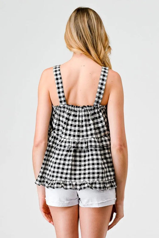 Black & White Plaid Cotton Sleeveless Ruffle Flare Hem Top /2-2-2