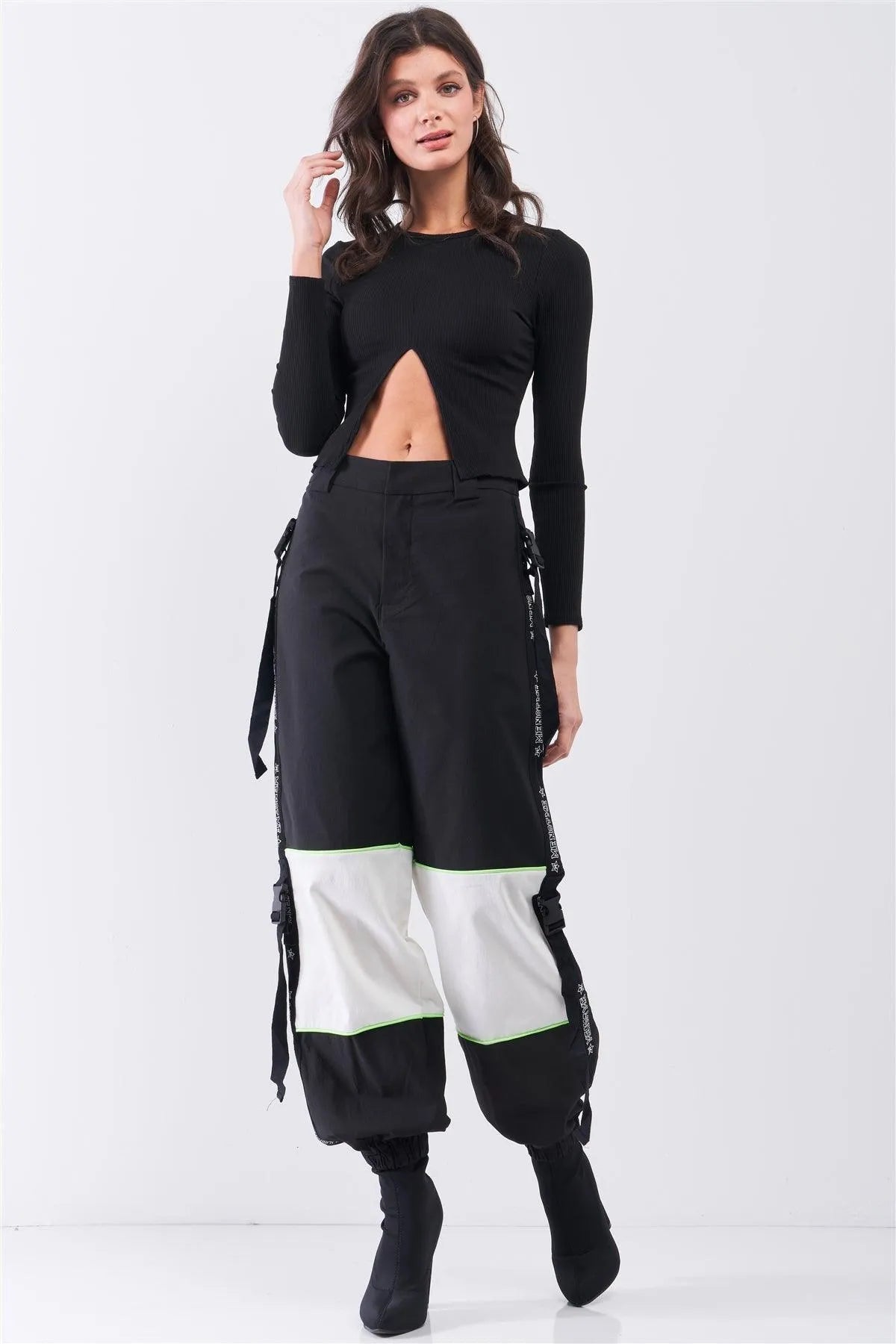 Black High Waist Print Side Trim Utility Buckle Detail Parachute Racetrack Cargo Pants /2-2-2