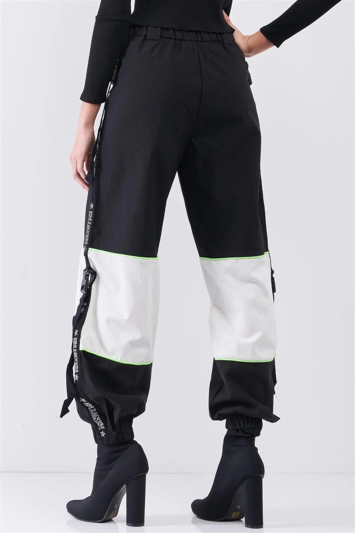 Black High Waist Print Side Trim Utility Buckle Detail Parachute Racetrack Cargo Pants /2-2-2