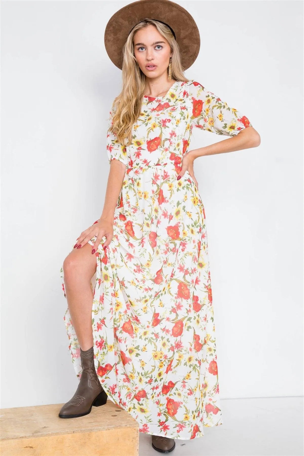 Beige Chic Semi-Sheer Floral Print Maxi Dress /1-2-2