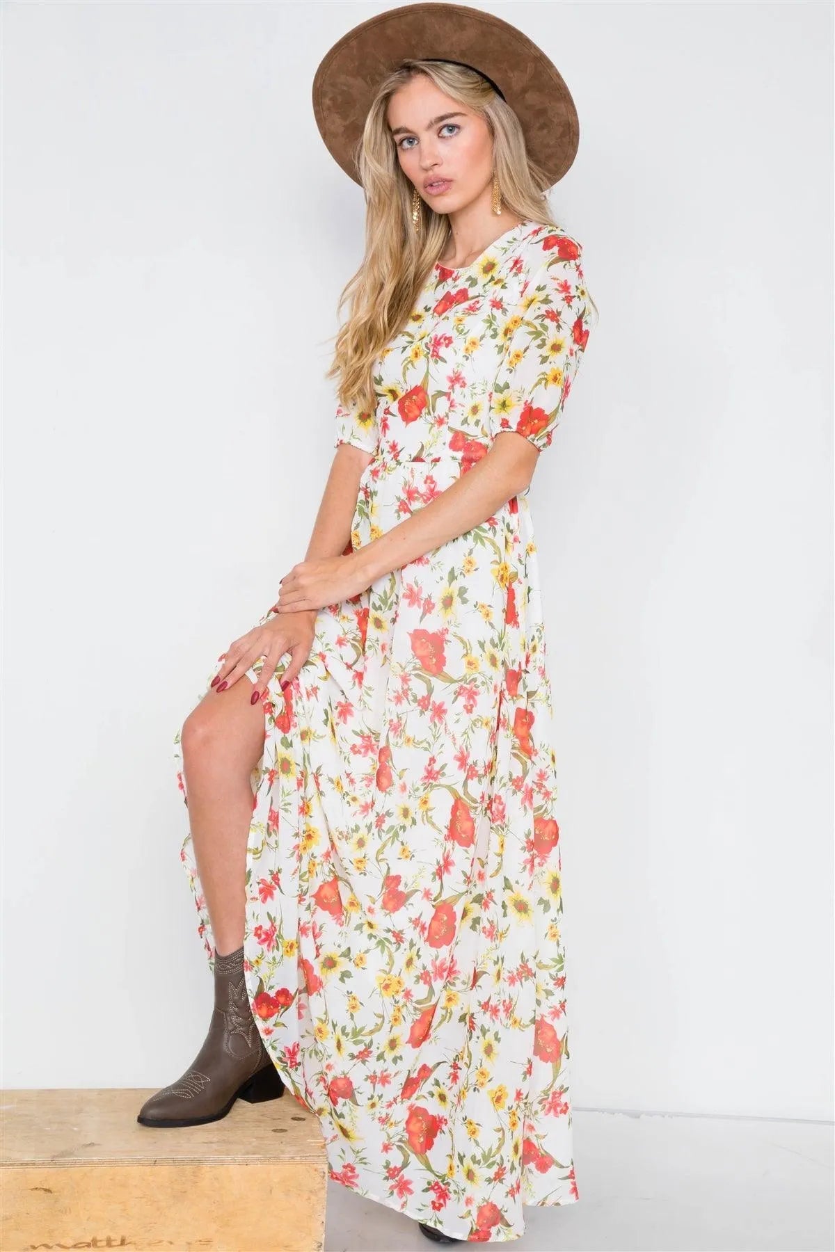 Beige Chic Semi-Sheer Floral Print Maxi Dress  /2-2-2
