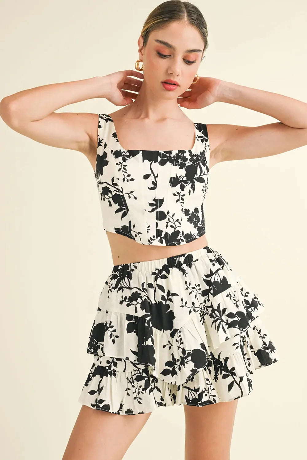 Black Floral Silhouette Print Smocked Back Square Neck Crop Top
