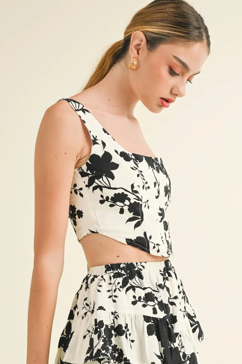 Black Floral Silhouette Print Smocked Back Square Neck Crop Top