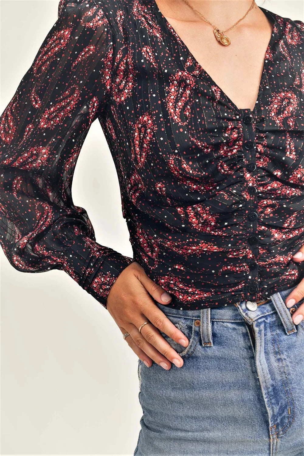 Black Abstract Paisley Sheer Lined Metallic Print Balloon Sleeve V-Neck Button-Up Blouse