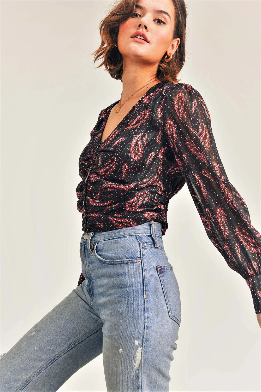 Black Abstract Paisley Sheer Lined Metallic Print Balloon Sleeve V-Neck Button-Up Blouse