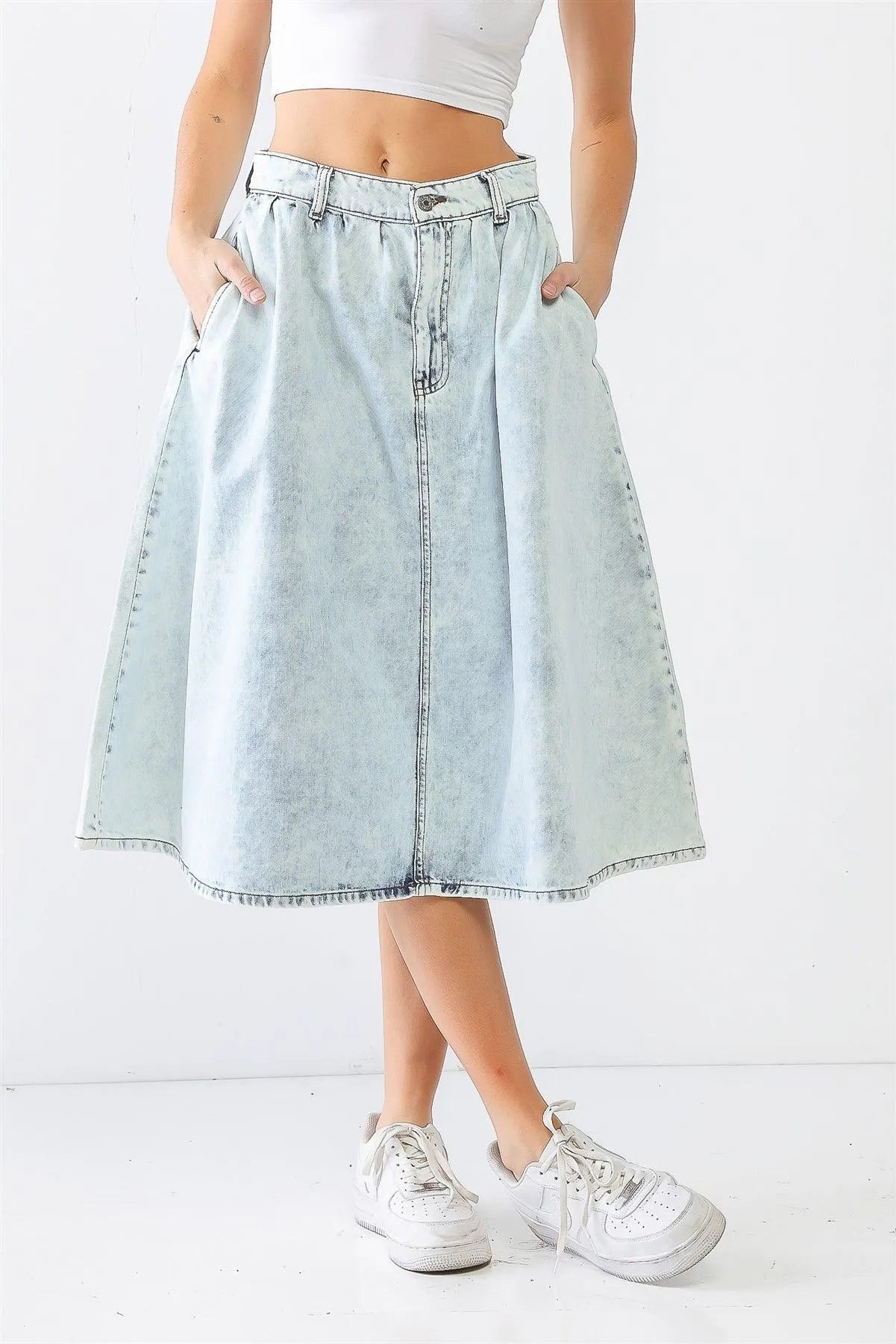 Acid Wash Denim Cotton Two Pocket Flare Hem Midi Skirt /1-2-1