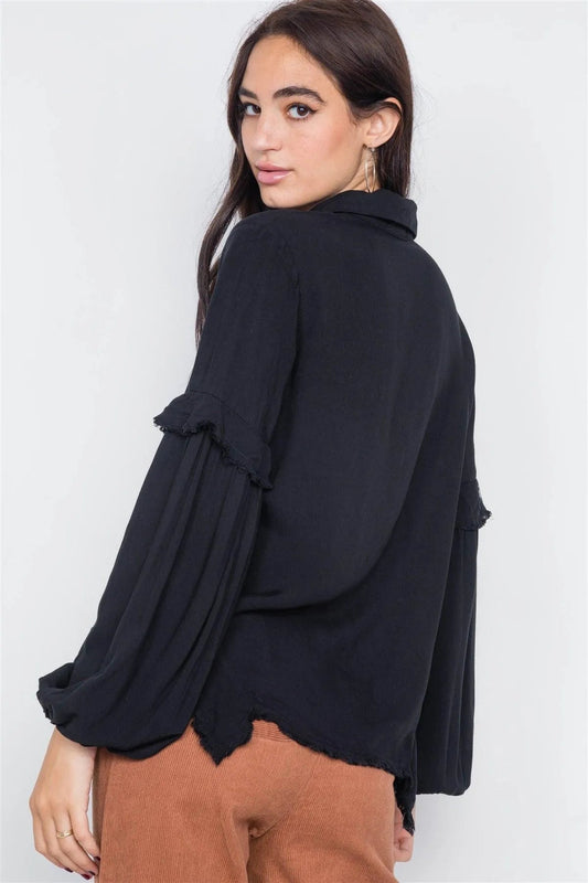 Black Front Button Raw Handkerchief Hem Button Front Top /3-2-1