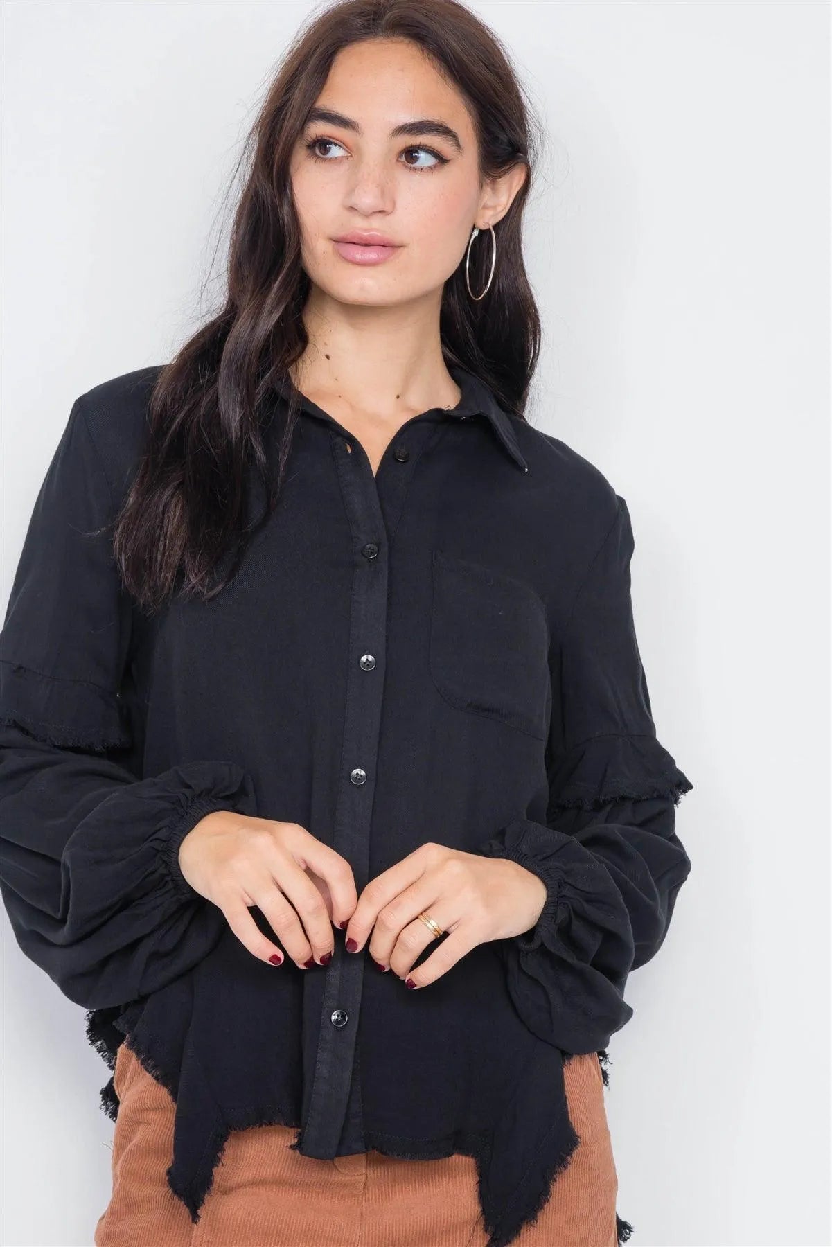 Black Front Button Raw Handkerchief Hem Button Front Top /3-2-1