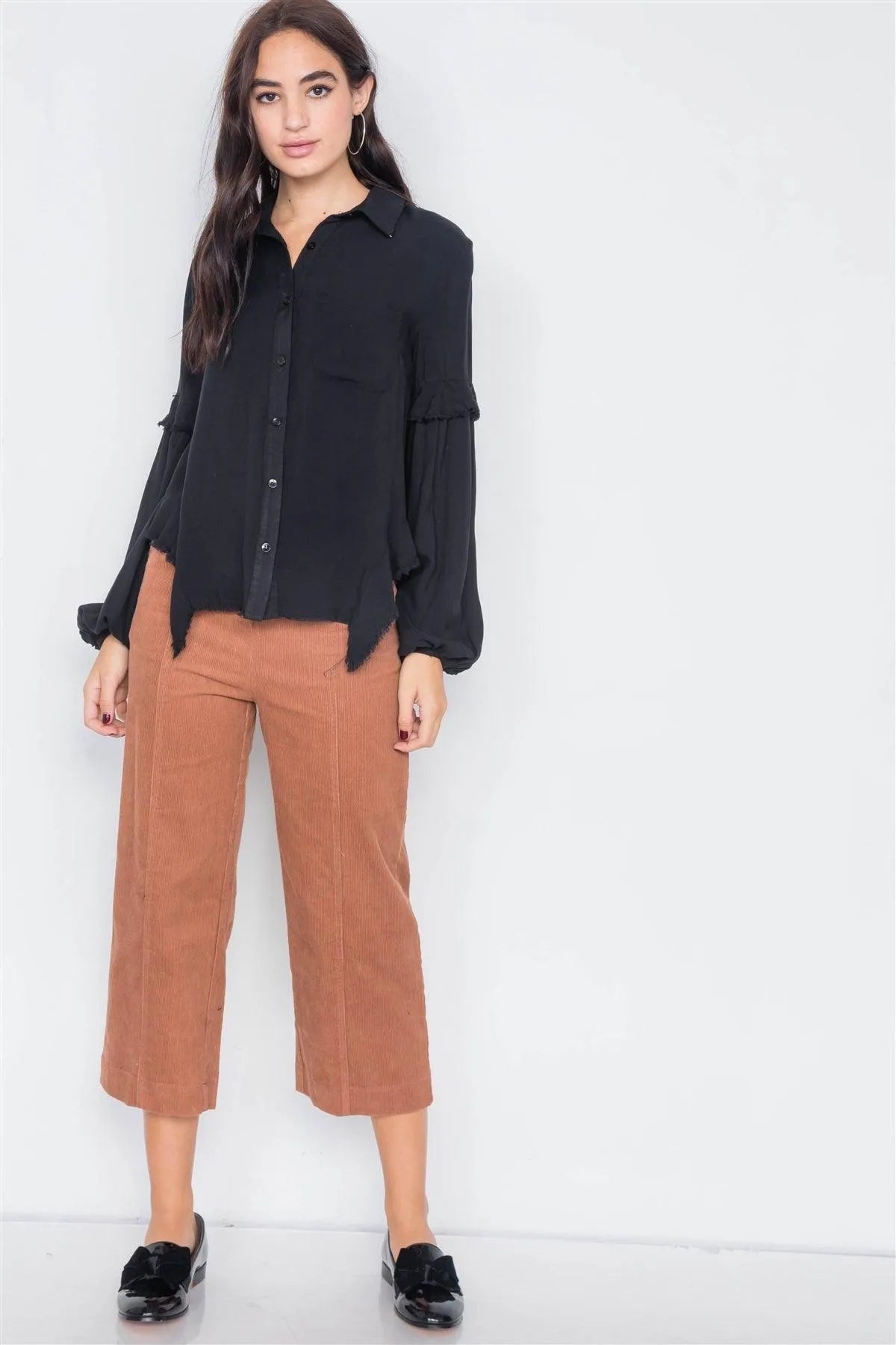 Black Front Button Raw Handkerchief Hem Button Front Top /3-2-1