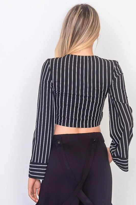 Black Front Waist Twist Wide Sleeve Crop Top /3-2-1