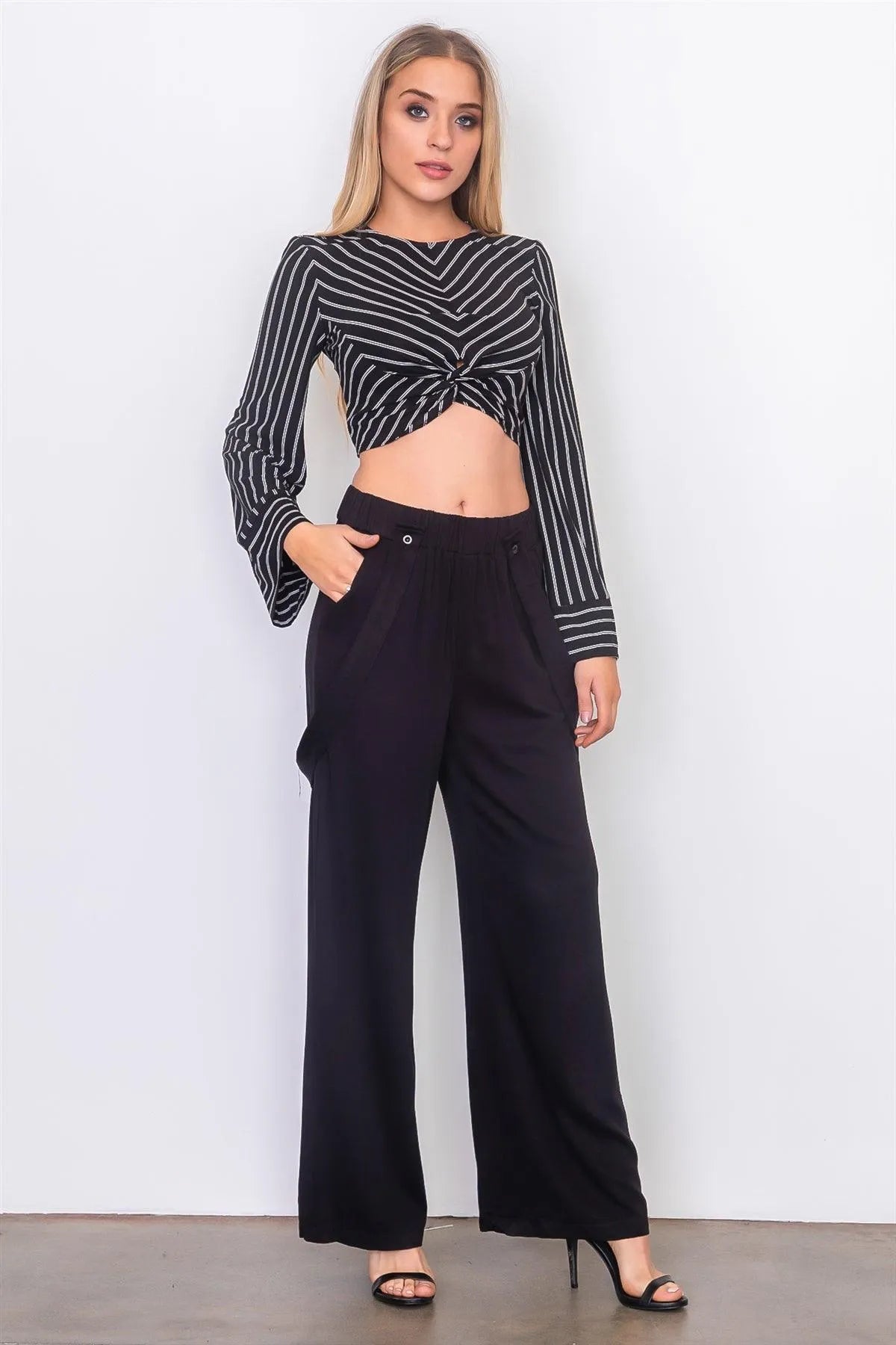 Black Front Waist Twist Wide Sleeve Crop Top /3-2-1