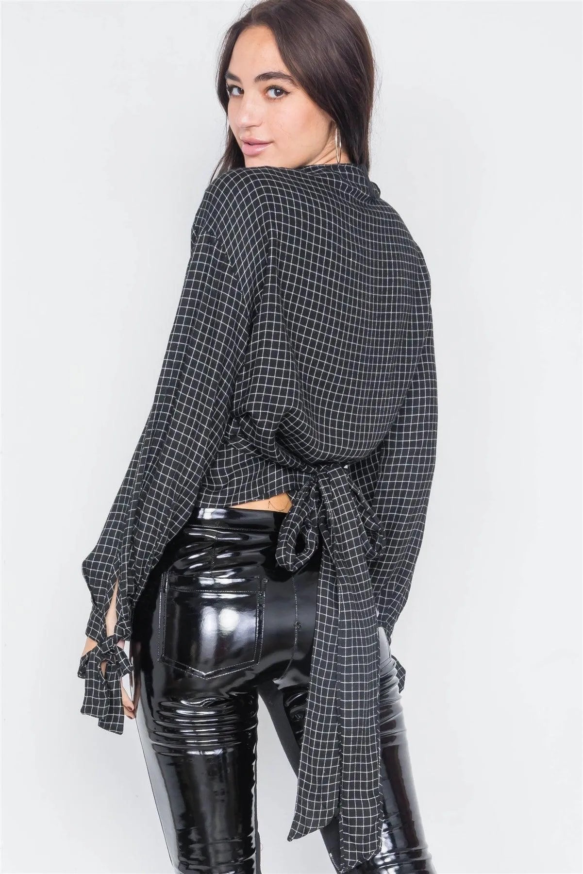 Black & White Plaid Side Wrap Knot Crop Top /3-2-1