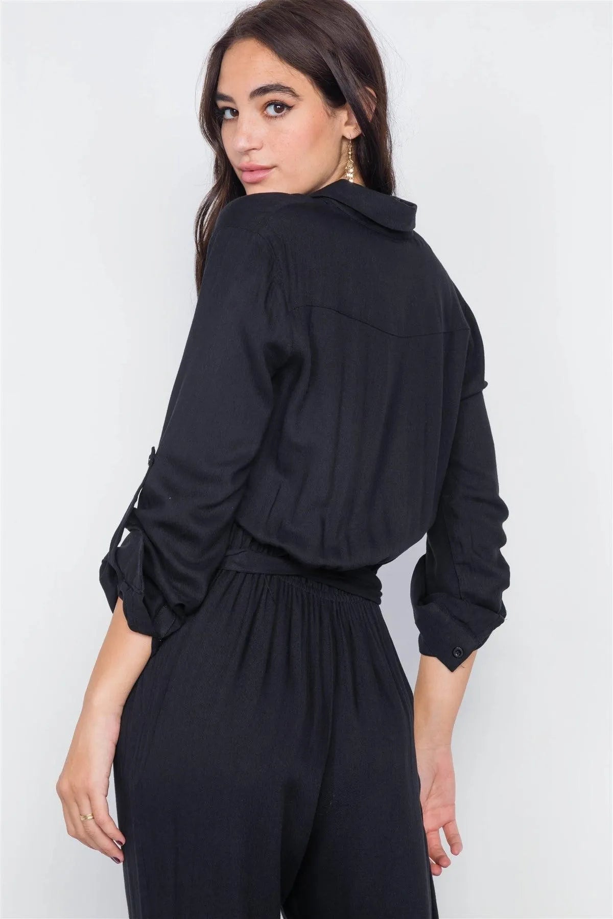 Black Button-Front Straight Leg Jumpsuit /3-2-1