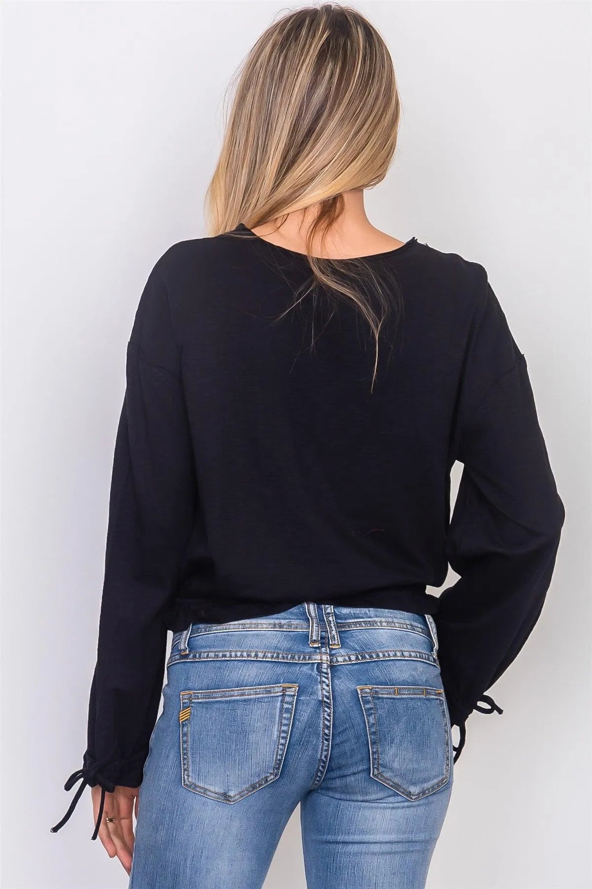 Black Drawstring Hem Jersey Top