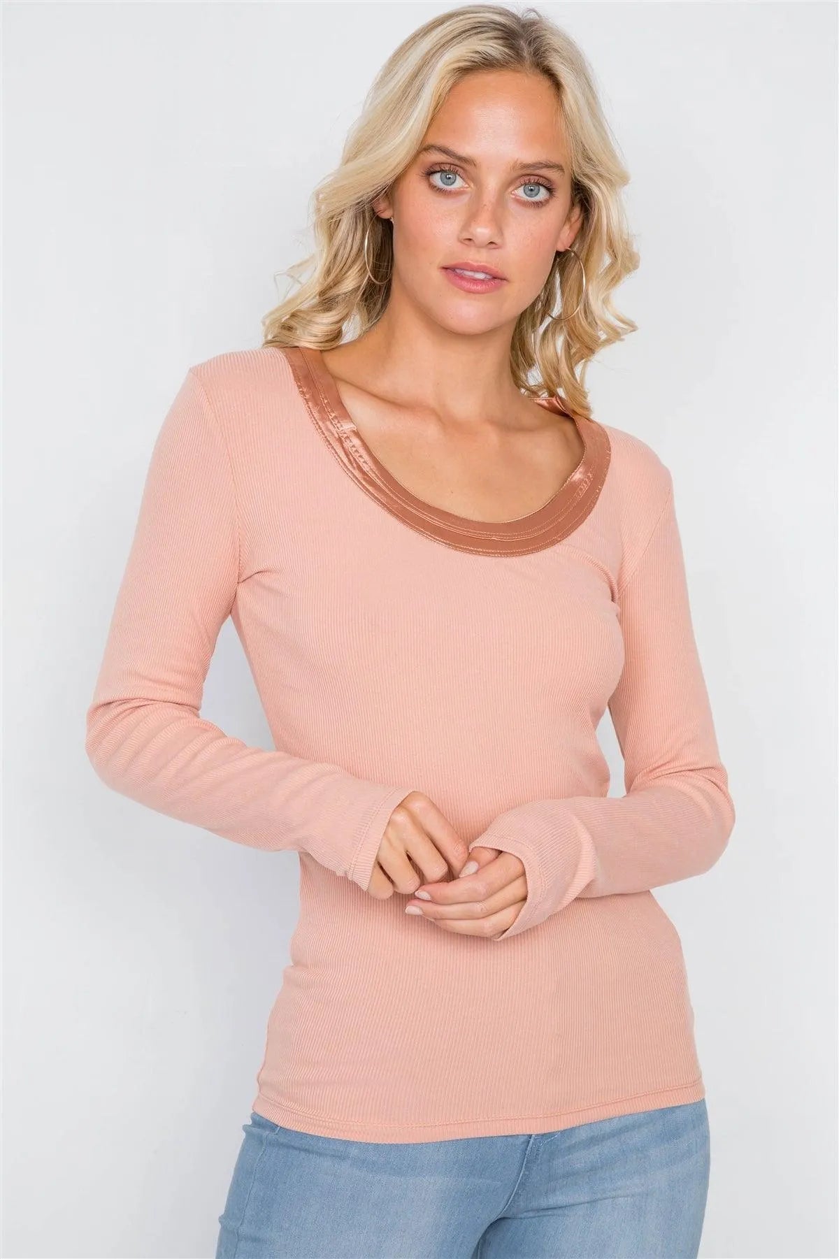 Baked Peach Satin Scoop Neck Ribbed Long Sleeve Top /3-2-1