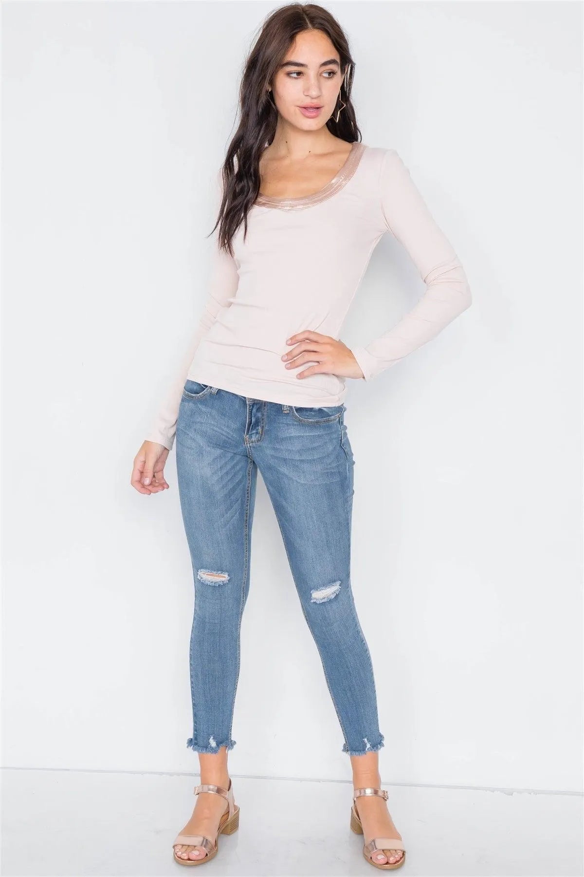 Beige Satin Scoop Neck Ribbed Long Sleeve Top /3-2-1