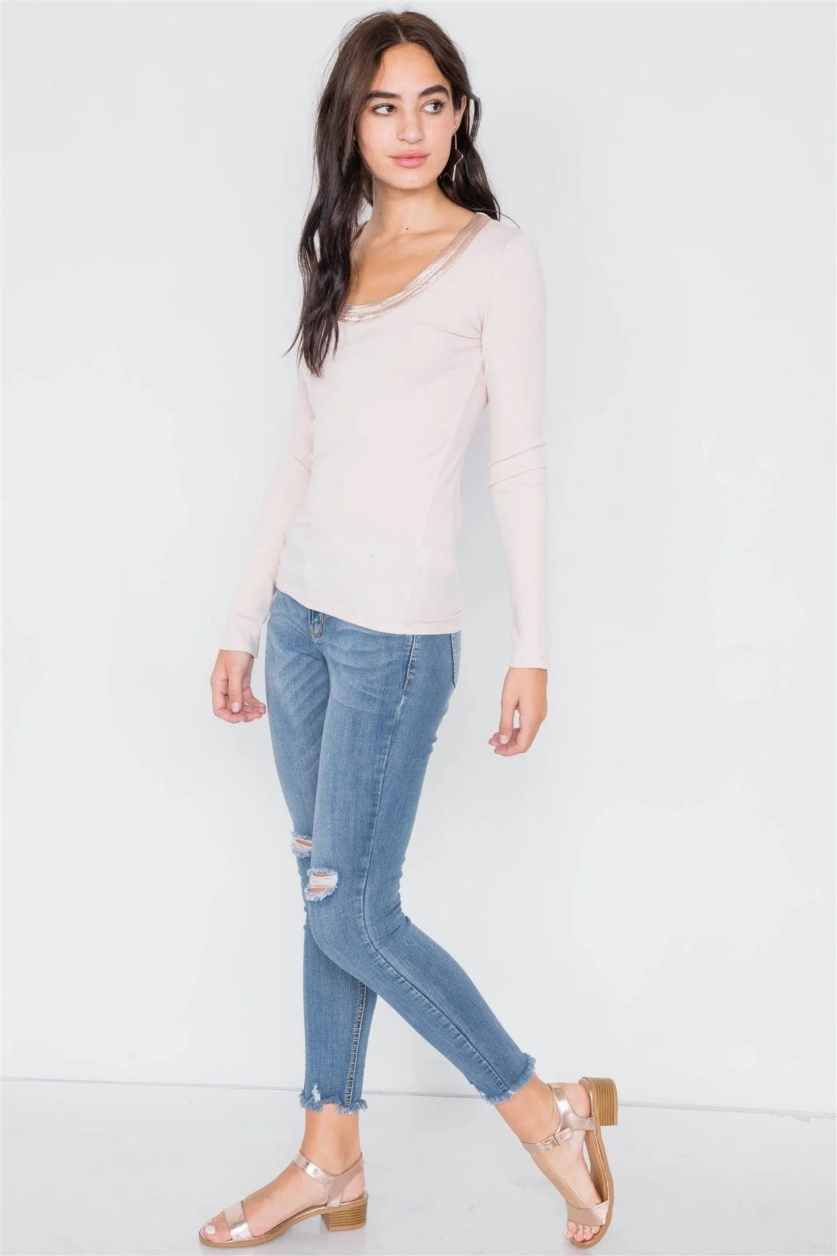 Beige Satin Scoop Neck Ribbed Long Sleeve Top /3-2-1