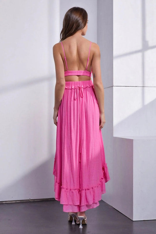Asymmetric Ruffle Bottom Hem Open Back Cutout Dress