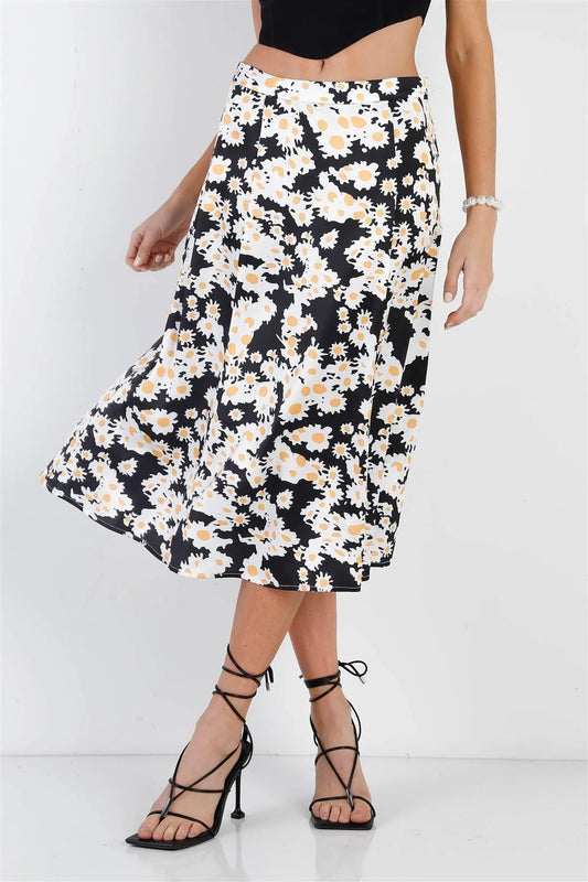 "Daisy" Print Black Multi Color Satin Effect Midi Slip Skirt /1-3-2