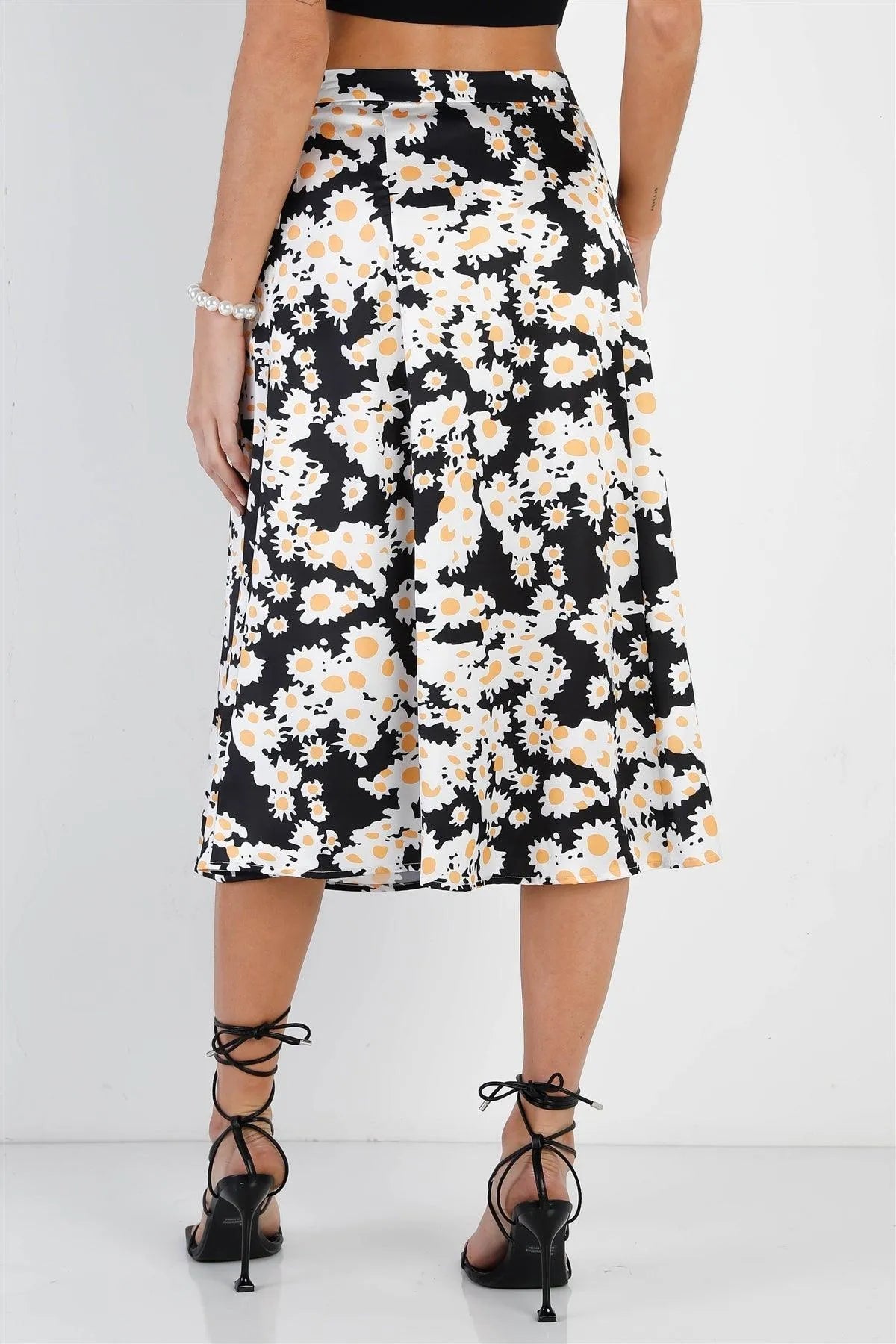 "Daisy" Print Black Multi Color Satin Effect Midi Slip Skirt /1-2-2-1