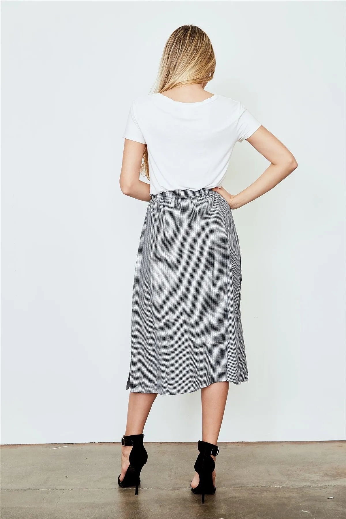 Black Gingham Print Side Button Midi Skirt /2-2-2