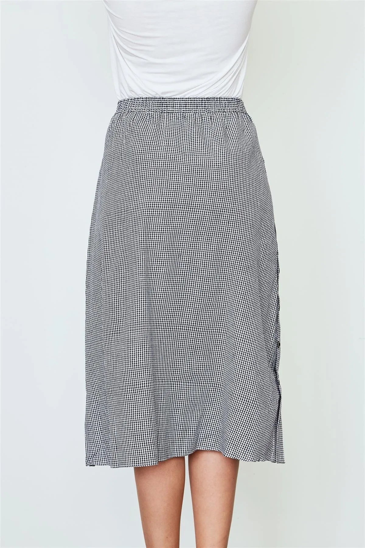 Black Gingham Print Side Button Midi Skirt /2-2-2