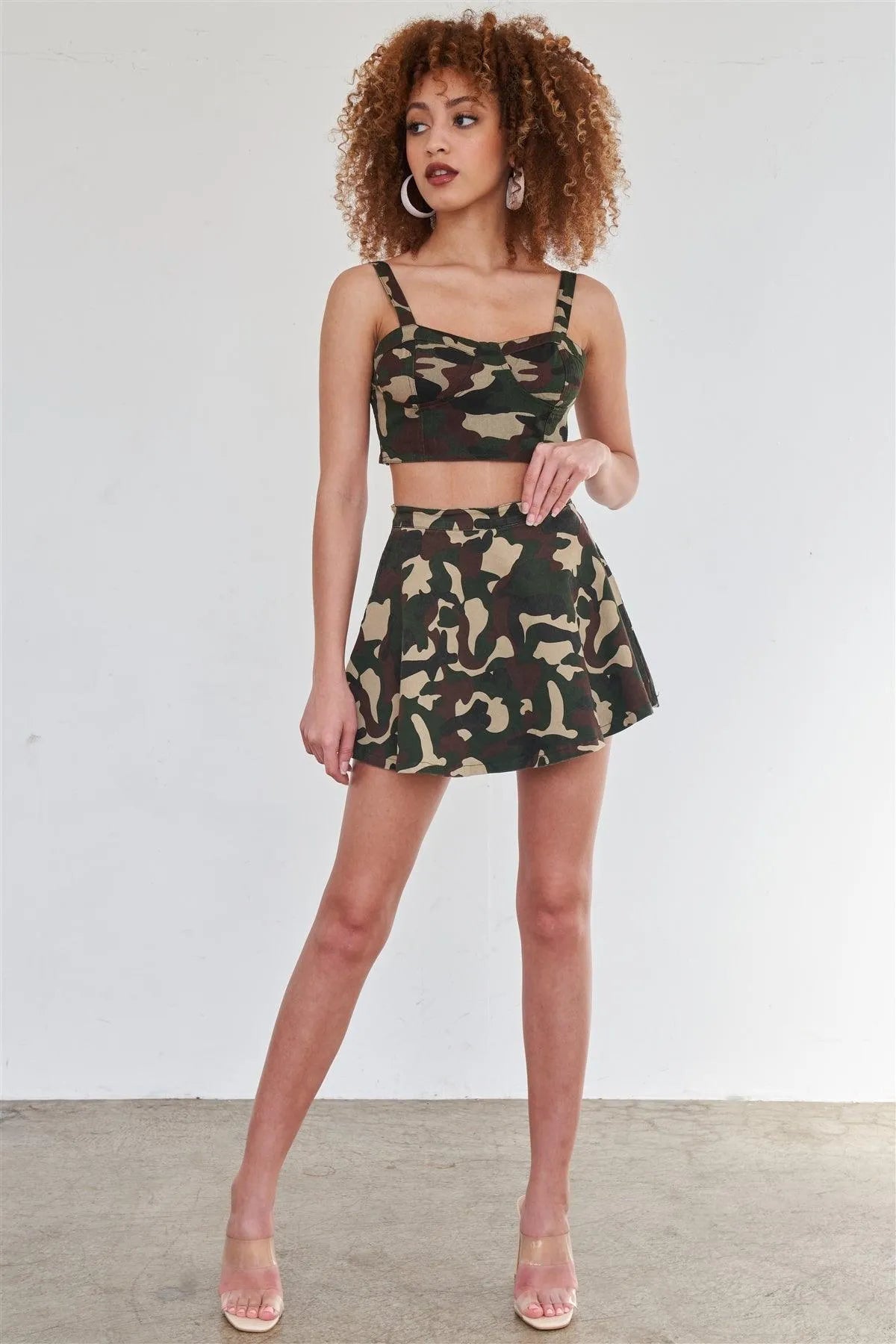 Army Camo High Waist Flare Mini Skirt