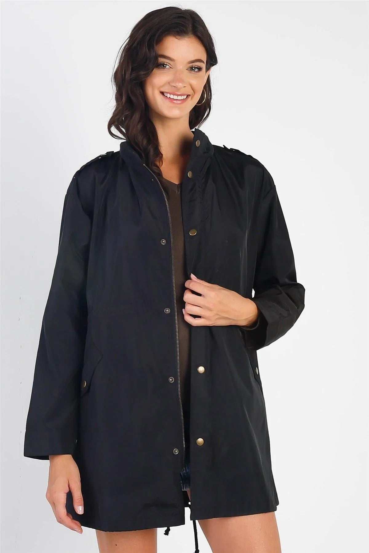 Black Glossy Drawstring Trim Button-Down Coach Rain Coat Jacket /2-2-2