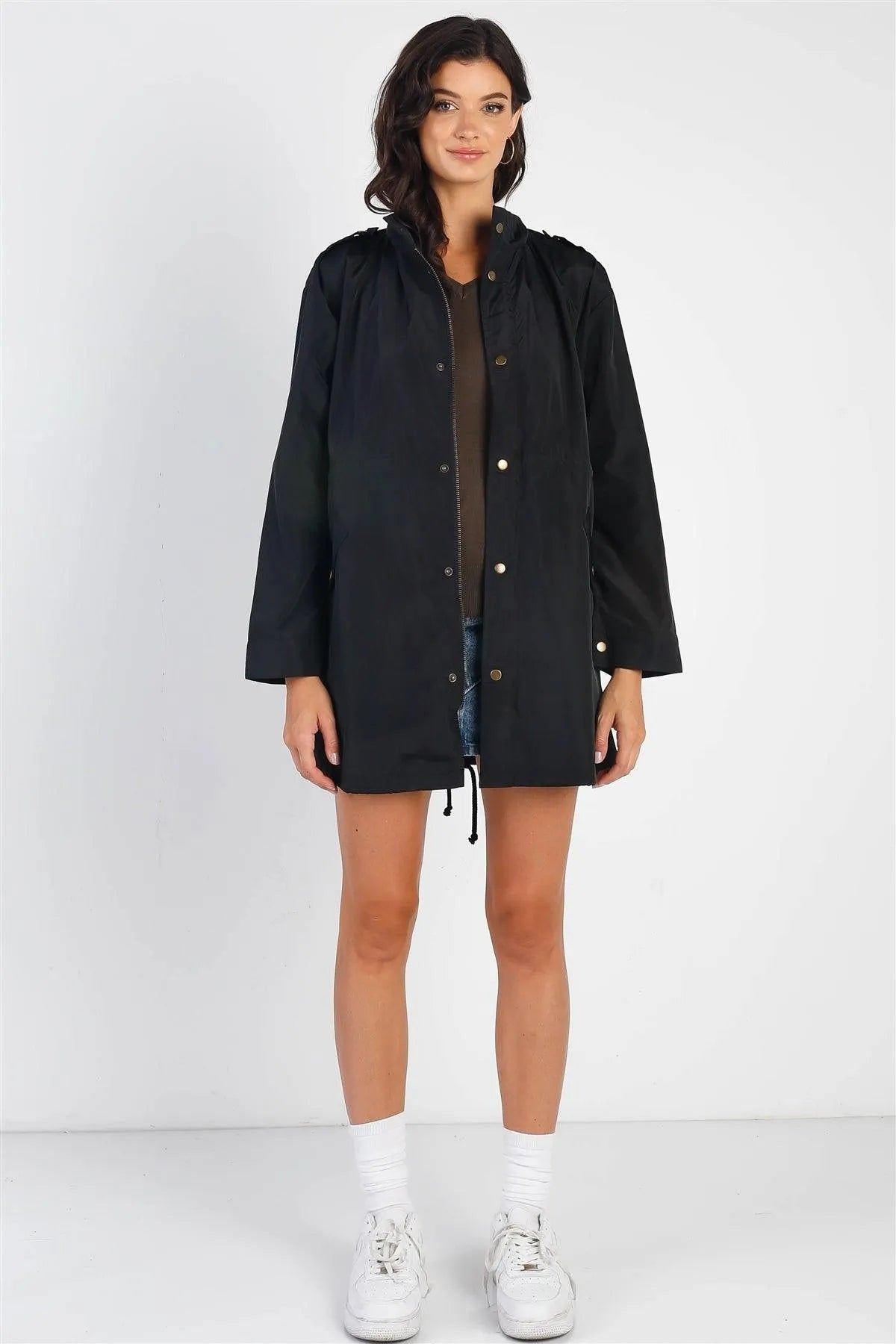 Black Glossy Drawstring Trim Button-Down Coach Rain Coat Jacket /2-2-2
