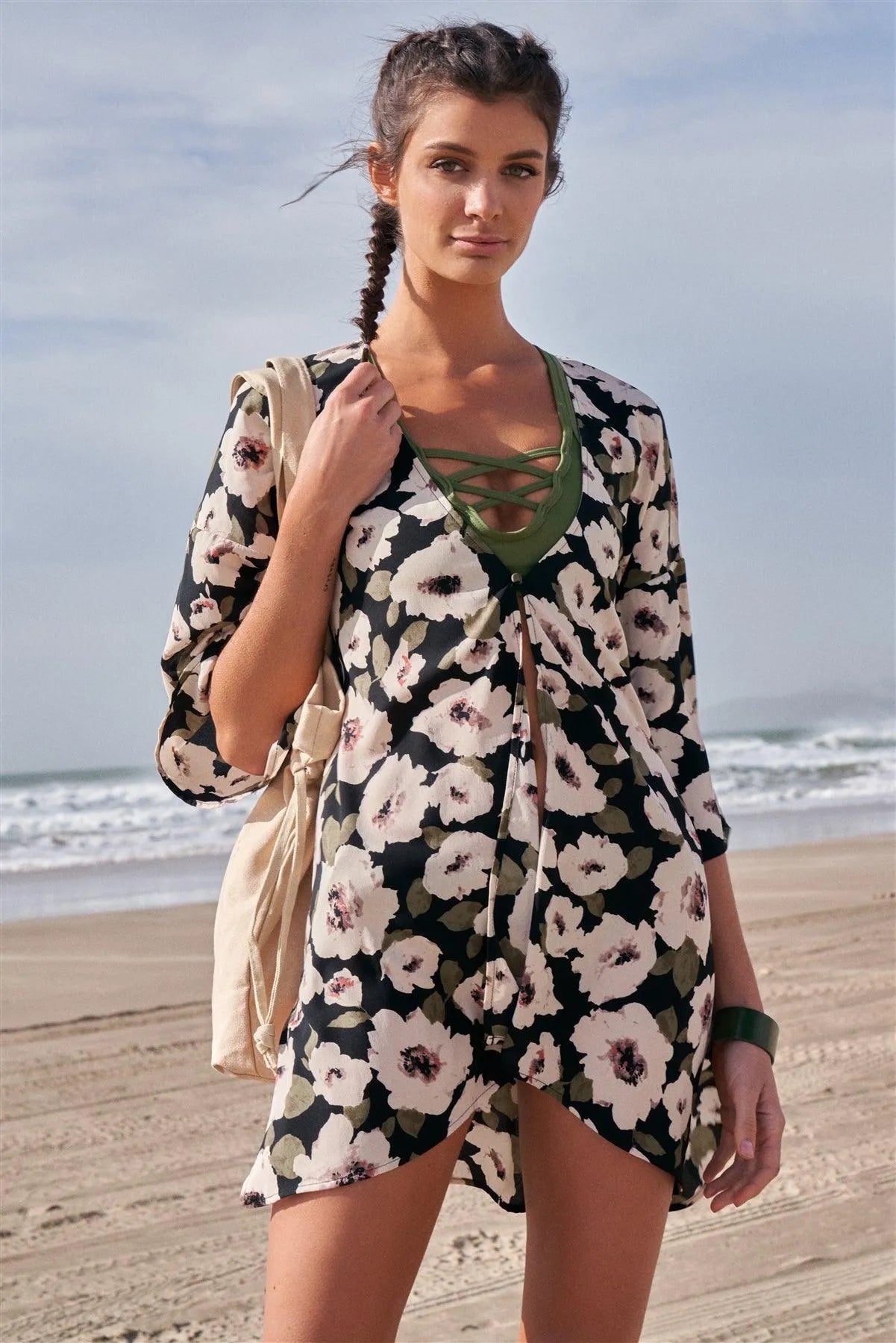 Black Floral Print Loose Fit Wide Kimono Style Midi Sleeve Tunic Cover Up Top /1-2-2-1