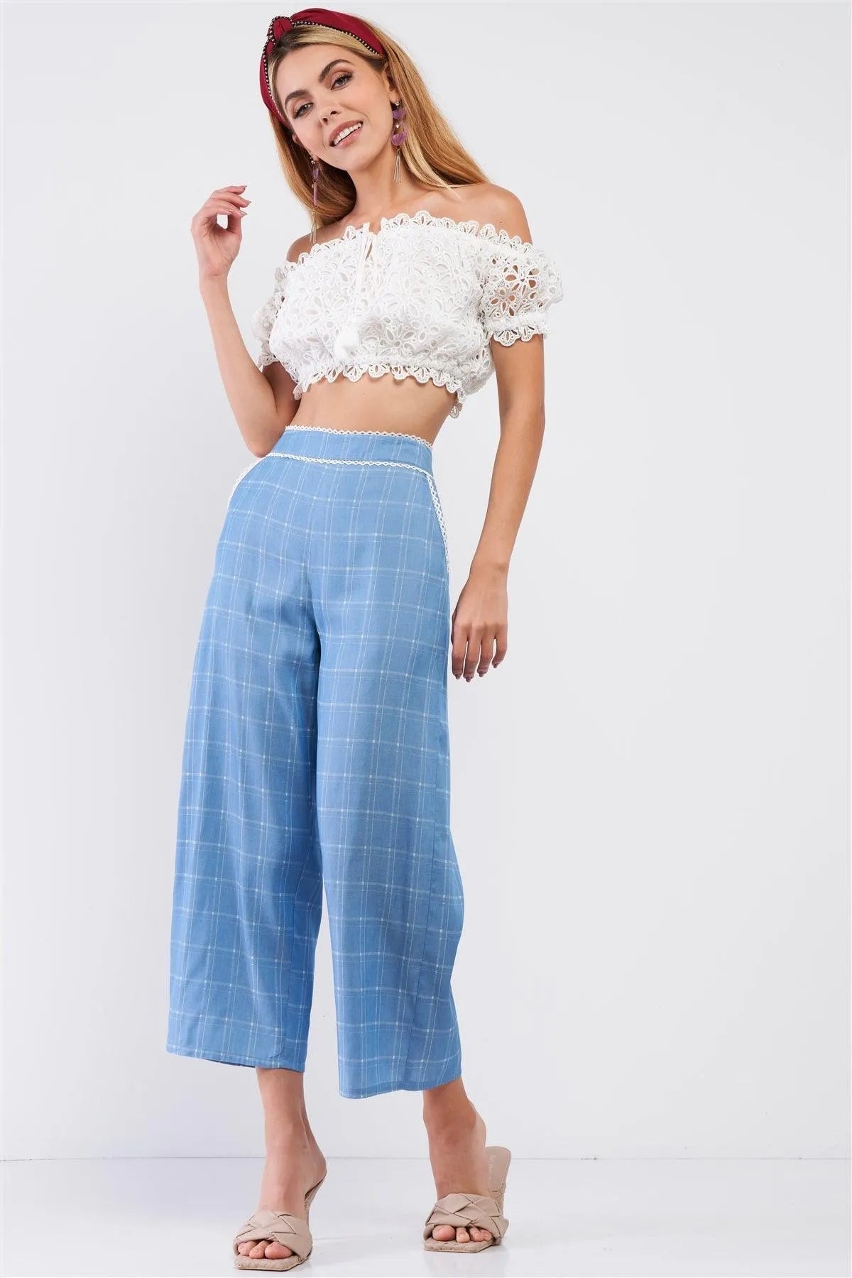 Baby Blue High Waisted Checkered White Lace Trim Wide Leg Pants /3-2-1