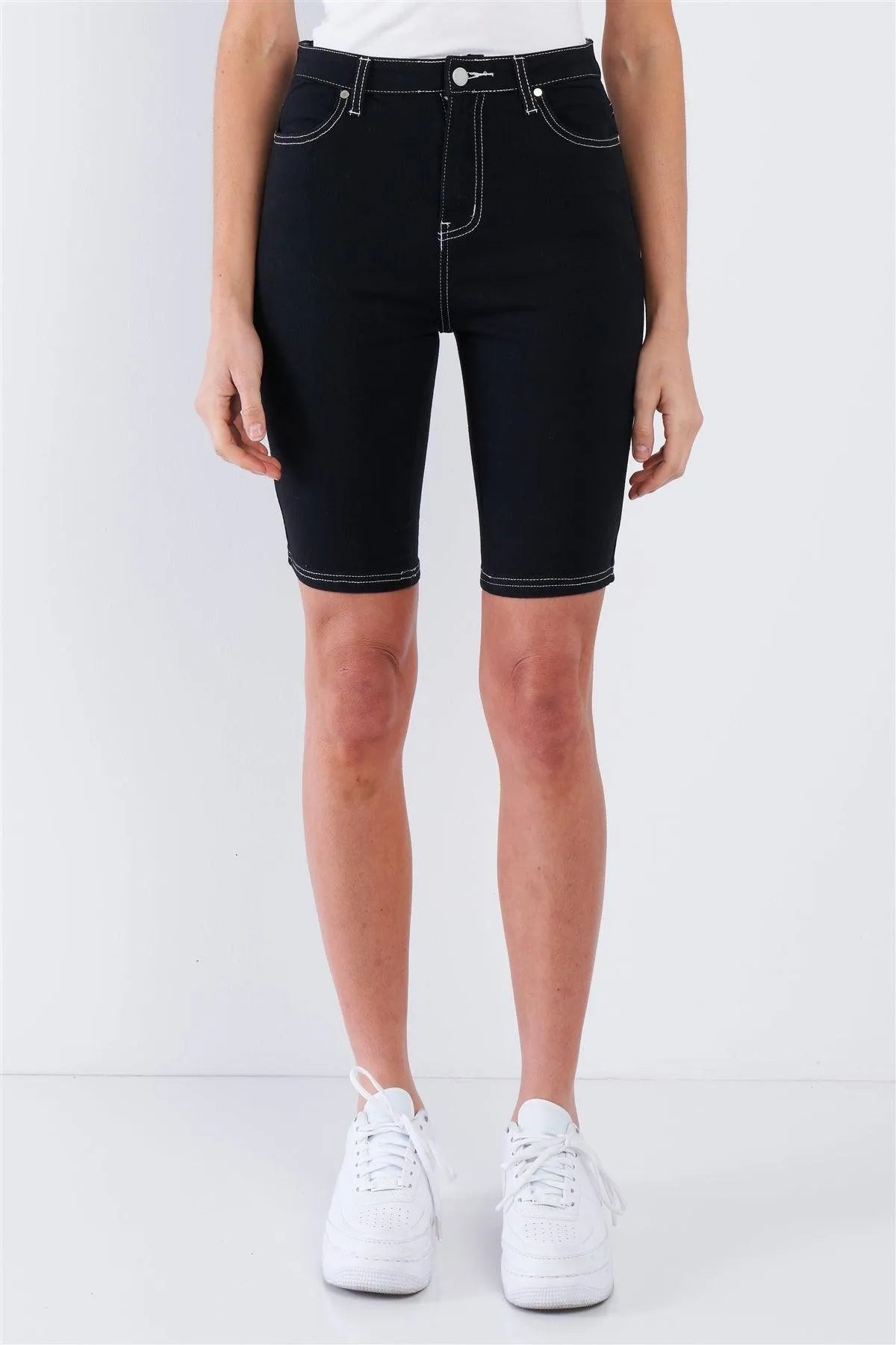 Black & White Contrast Stitch Jean Bermuda Denim Shorts  /3-2-1