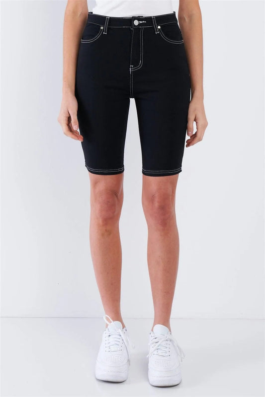 Black & White Contrast Stitch Jean Bermuda Denim Shorts  /3-2-1