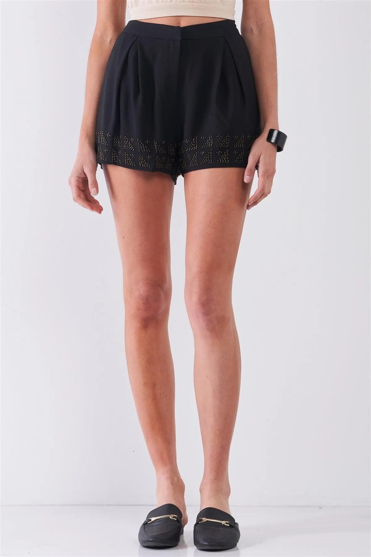 Black High Waist Pleated Beaded Trim Mini Shorts /1-2-2-1