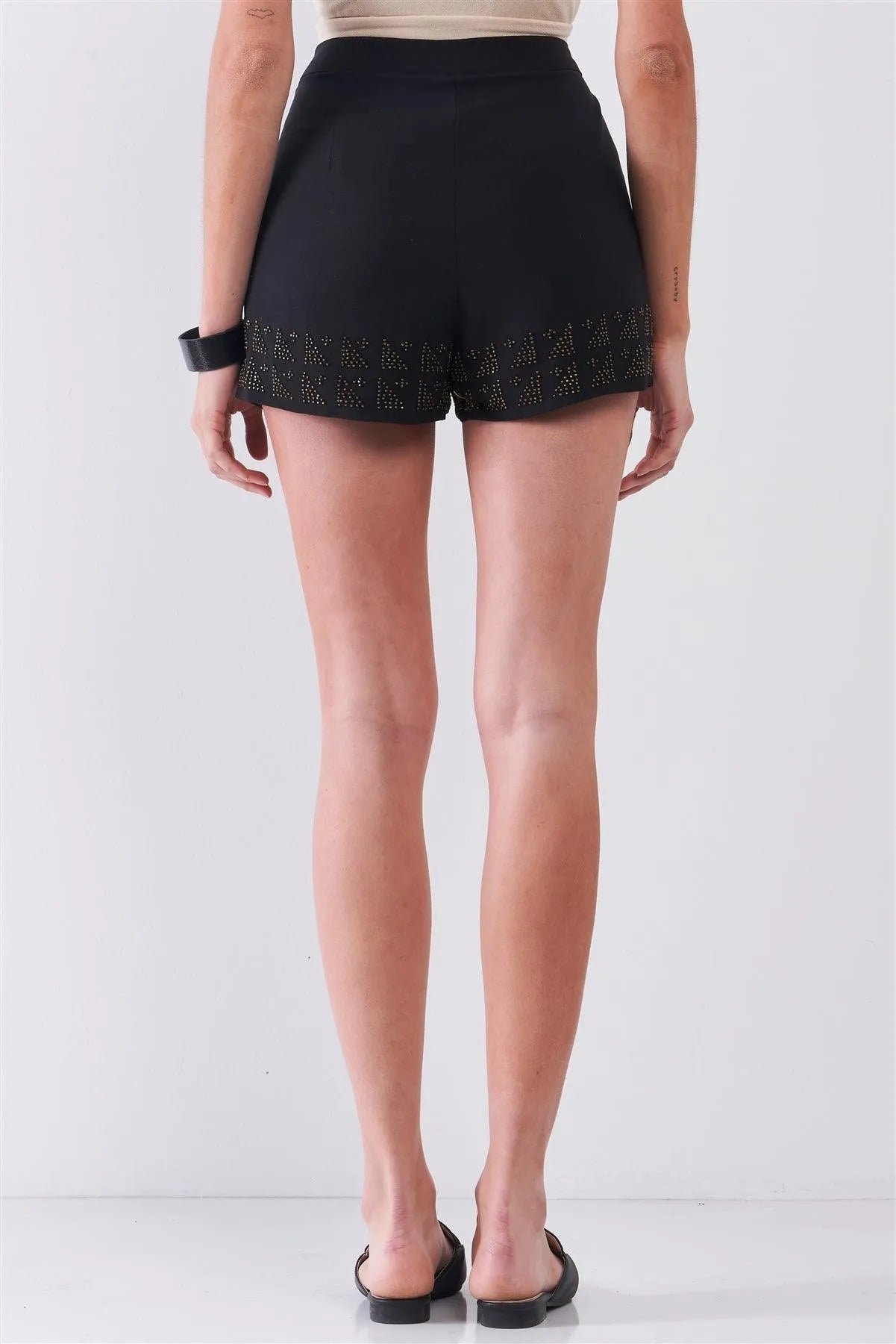 Black High Waist Pleated Beaded Trim Mini Shorts /1-2-2-1