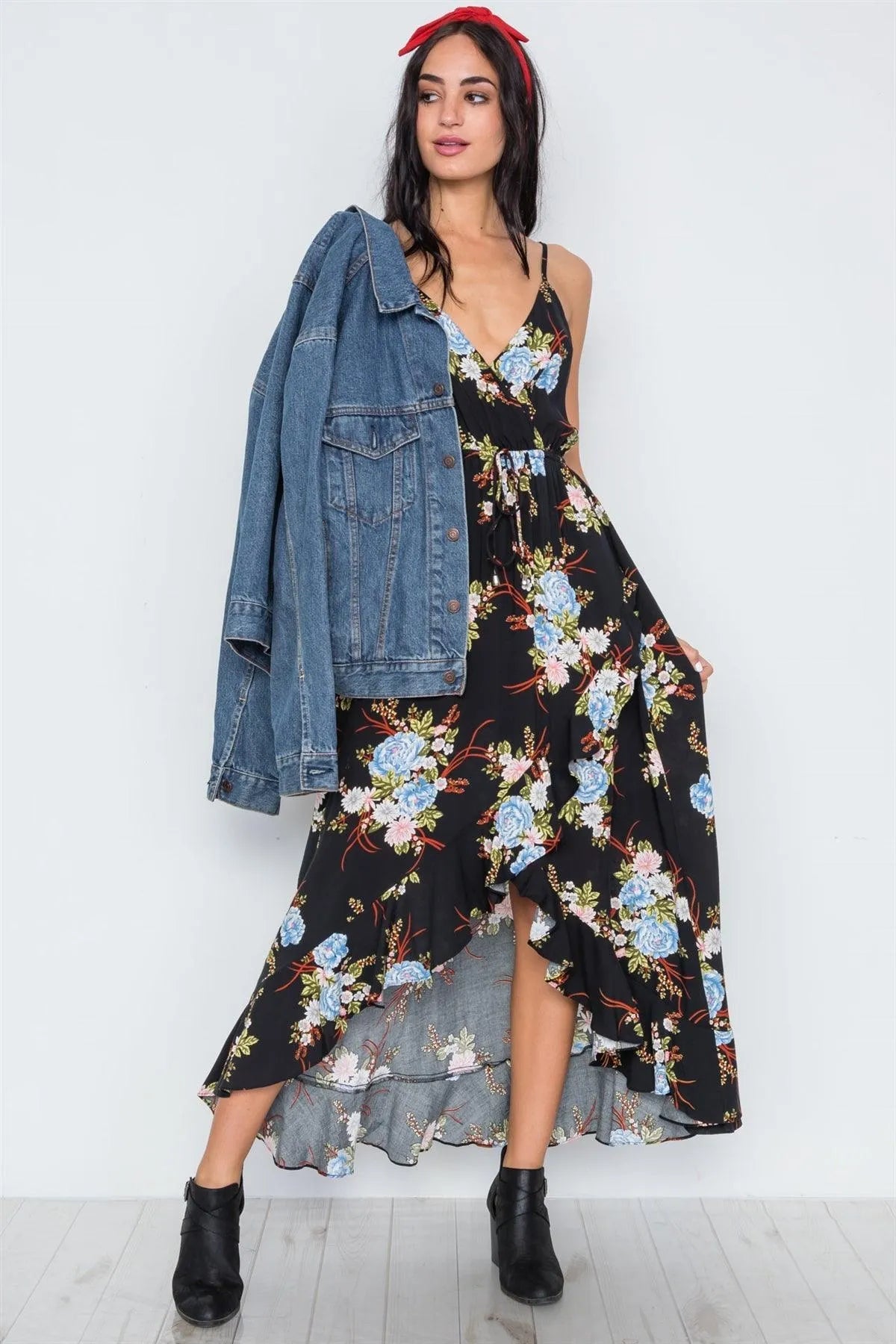 Black Floral Print High-Low Maxi Dress /1-3-2-1