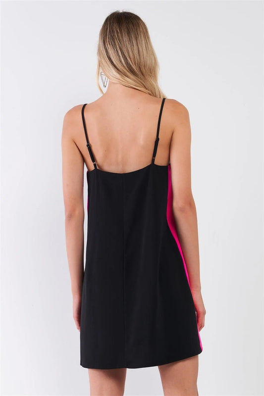 Black & Pink Sleeveless V-Neck Side Stripe Detail Relaxed Mini Dress /1-2-2-1
