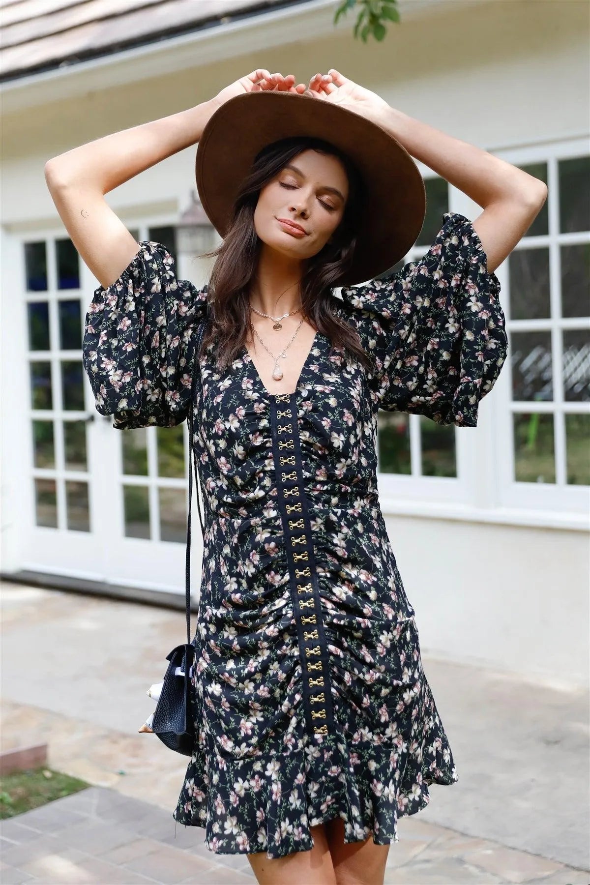 Black Floral Print Ruched Hook & Eye Closure Mini Dress