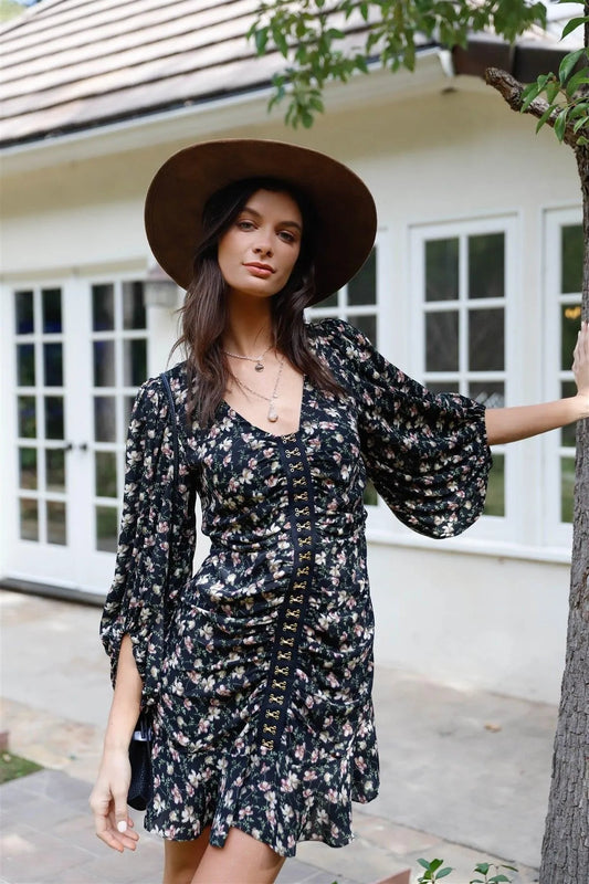 Black Floral Print Ruched Hook & Eye Closure Mini Dress