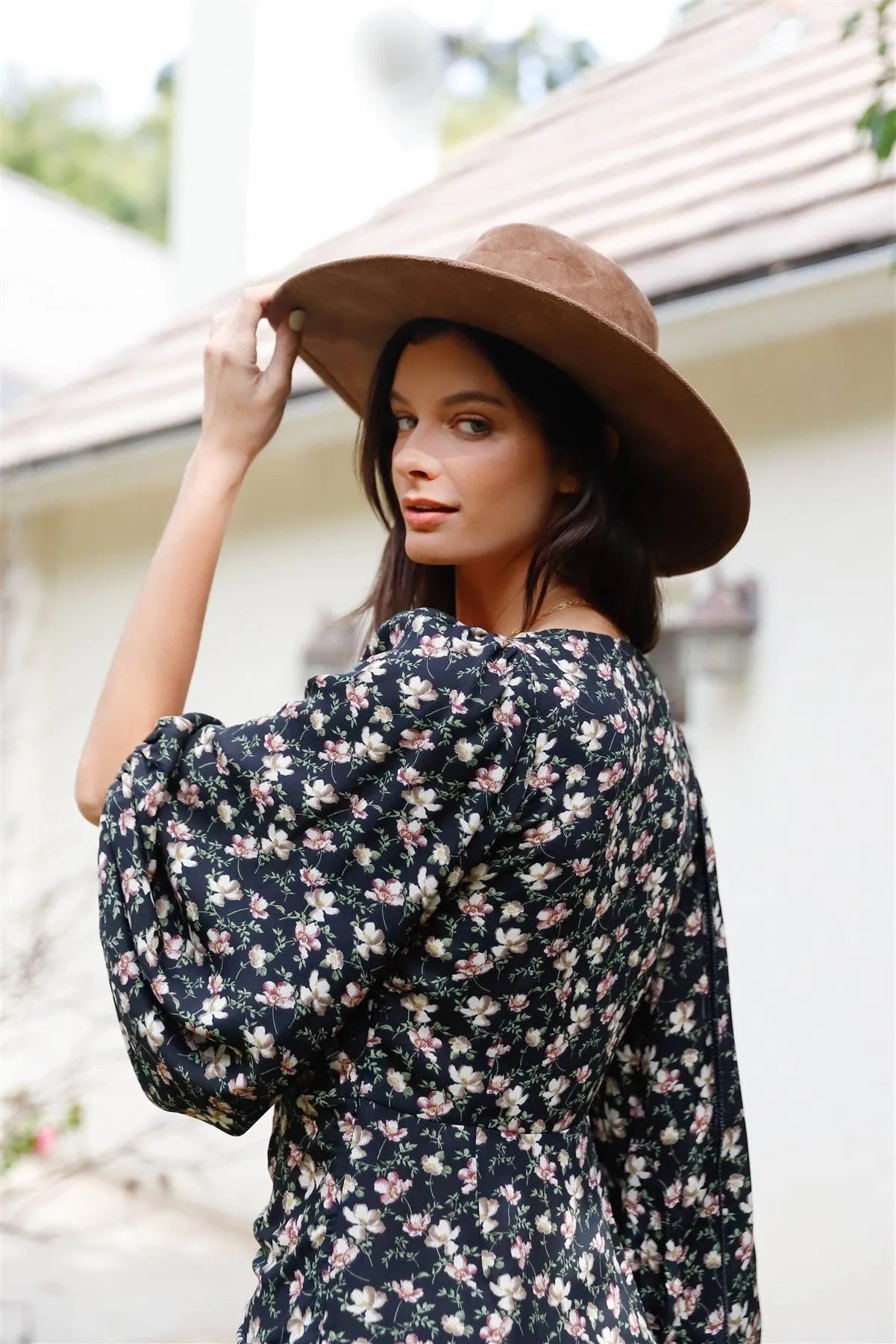 Black Floral Print Ruched Balloon Sleeve Mini Dress