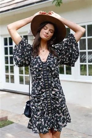 Black Floral Print Ruched Balloon Sleeve Mini Dress