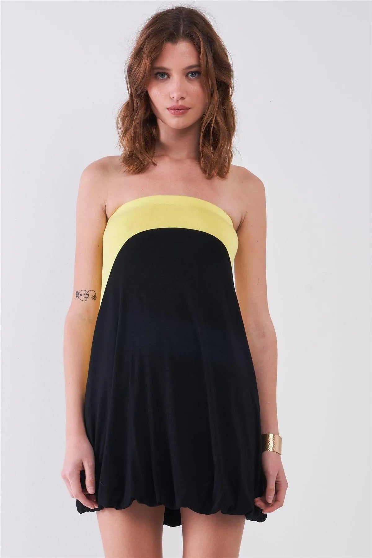 Black & Lemon Color Block Sleeveless Gathered Bottom Detail Relaxed Mini Dress-To-Skirt Convertible /1-3-1