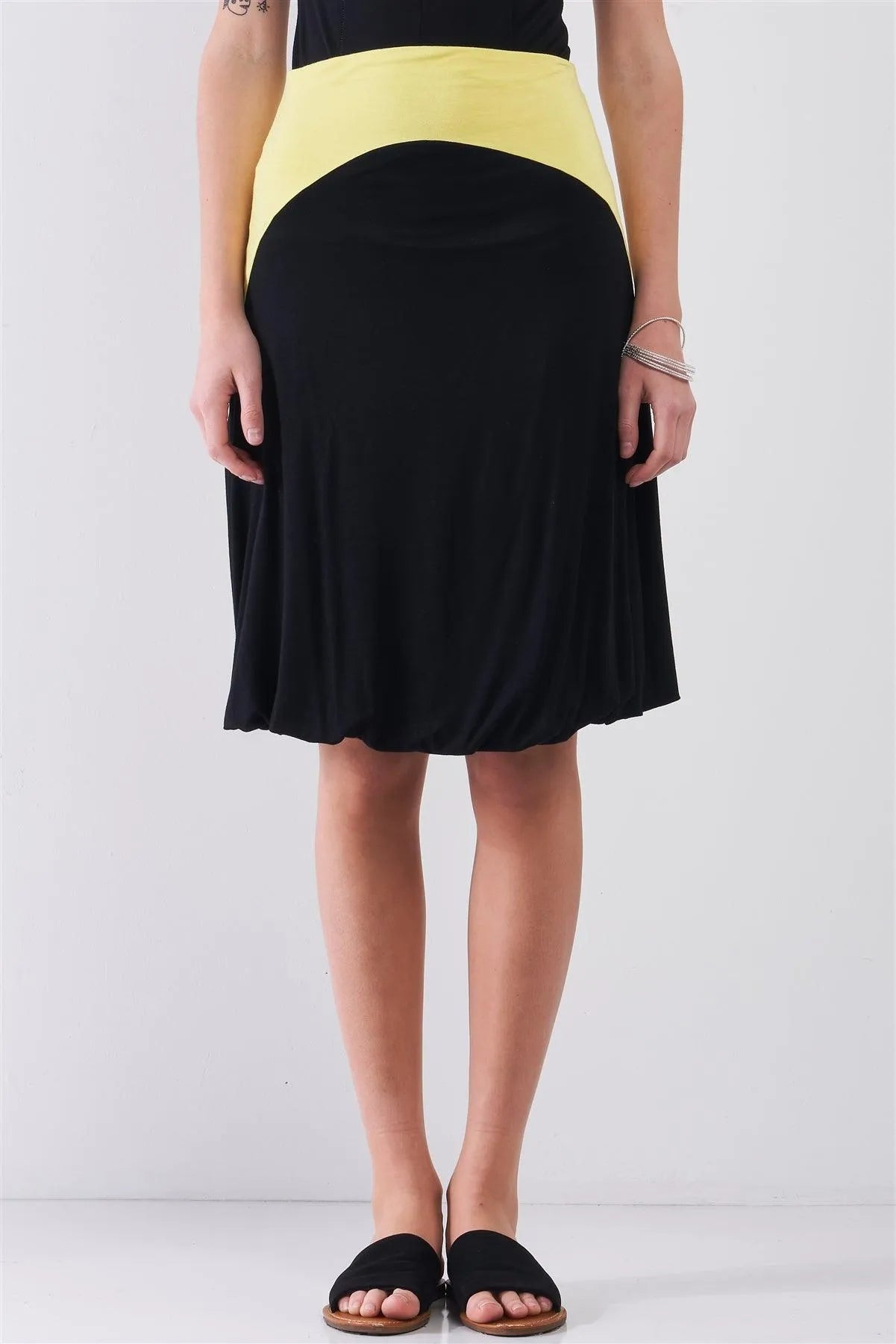 Black & Lemon Color Block Sleeveless Gathered Bottom Detail Relaxed Mini Dress-To-Skirt Convertible /1-3-1