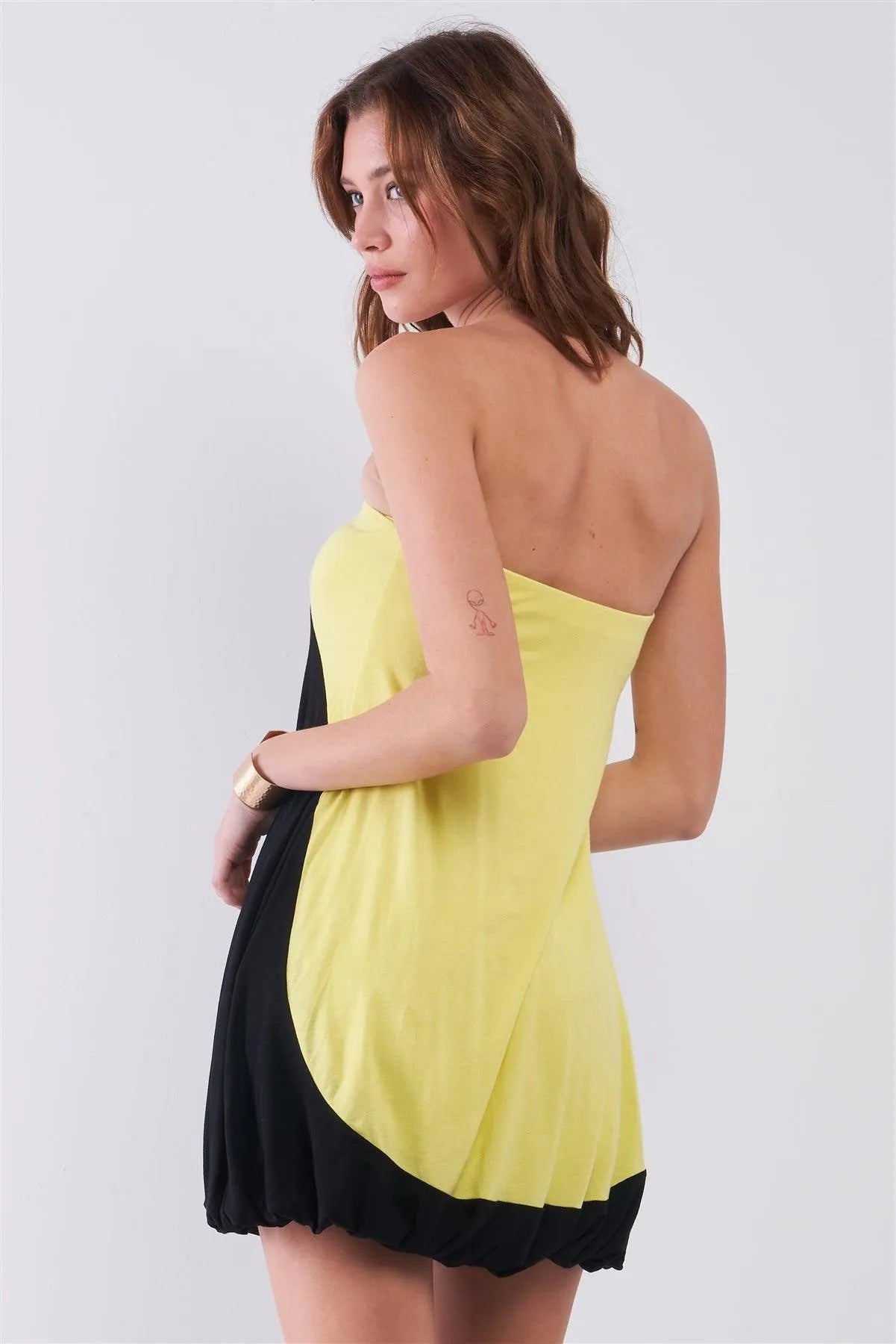 Black & Lemon Color Block Sleeveless Gathered Bottom Detail Relaxed Mini Dress-To-Skirt Convertible /1-3-1
